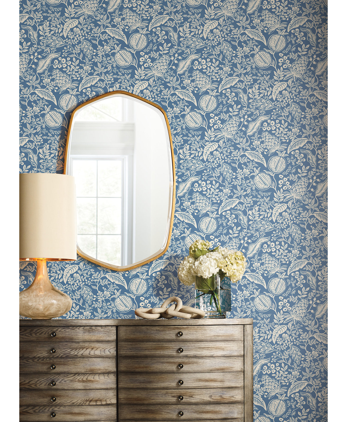 Pomegranate White Peel and Stick Wallpaper, Blue