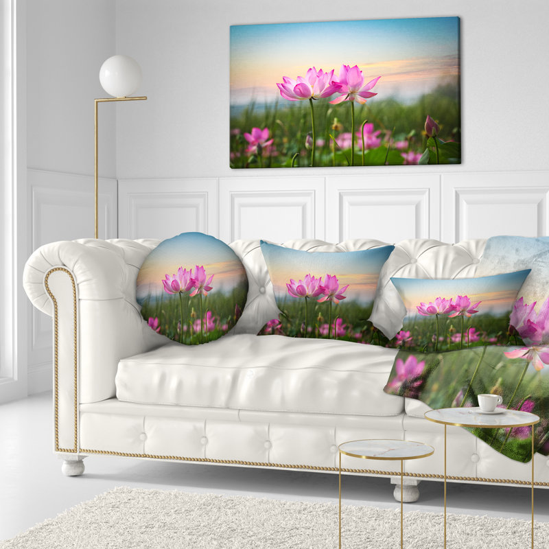 Coussin décoratif à motif floral en fleur de lotus fleurs au coucher de soleil, 12 po x 20 po, Coussin lombaire