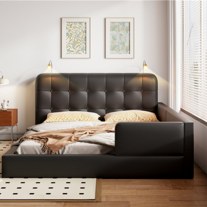 Lit plateforme tapissier Adonia avec 2 lumières de lecture, noir, offrant un confort spacieux et un design moderne, Noir