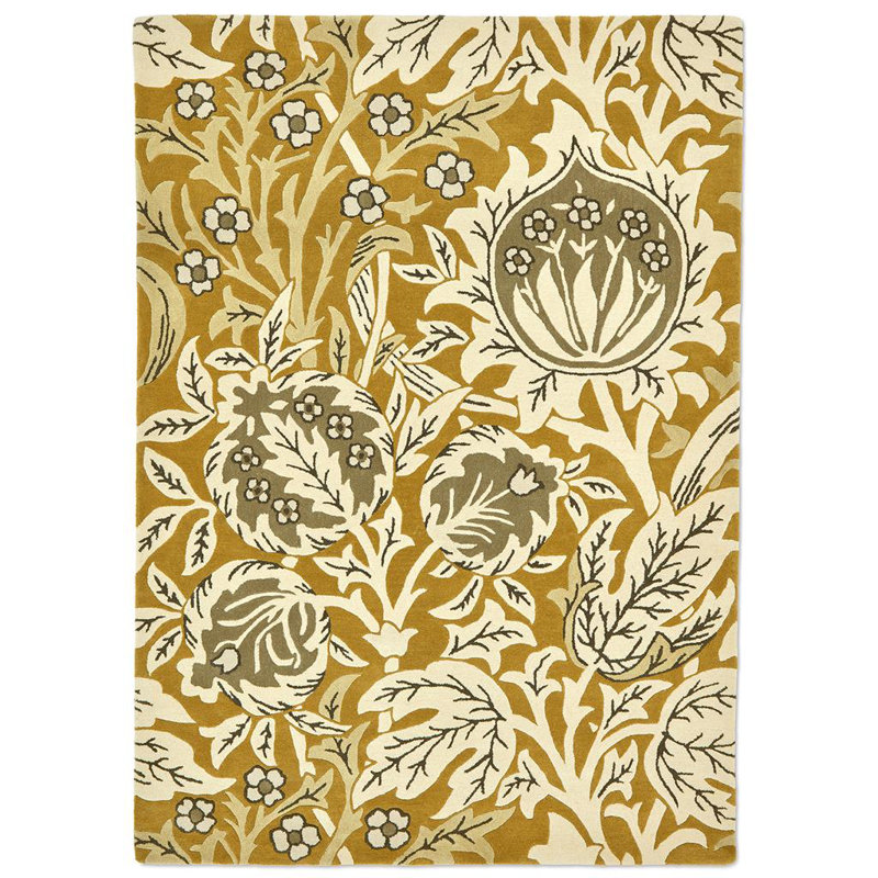 Wool Floral Area Rug in Gold, Rectangle 6'7" x 9'2"