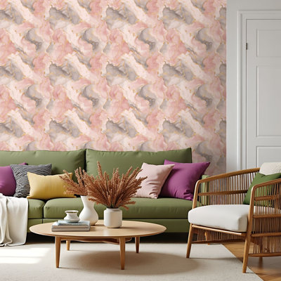 Papier peint auto-adhésif à peler et coller avec encre à alcool en marbre, aquarelle rose, paillettes fluides sans soudure auto-adhésives et amovibles (45 x 300 cm)