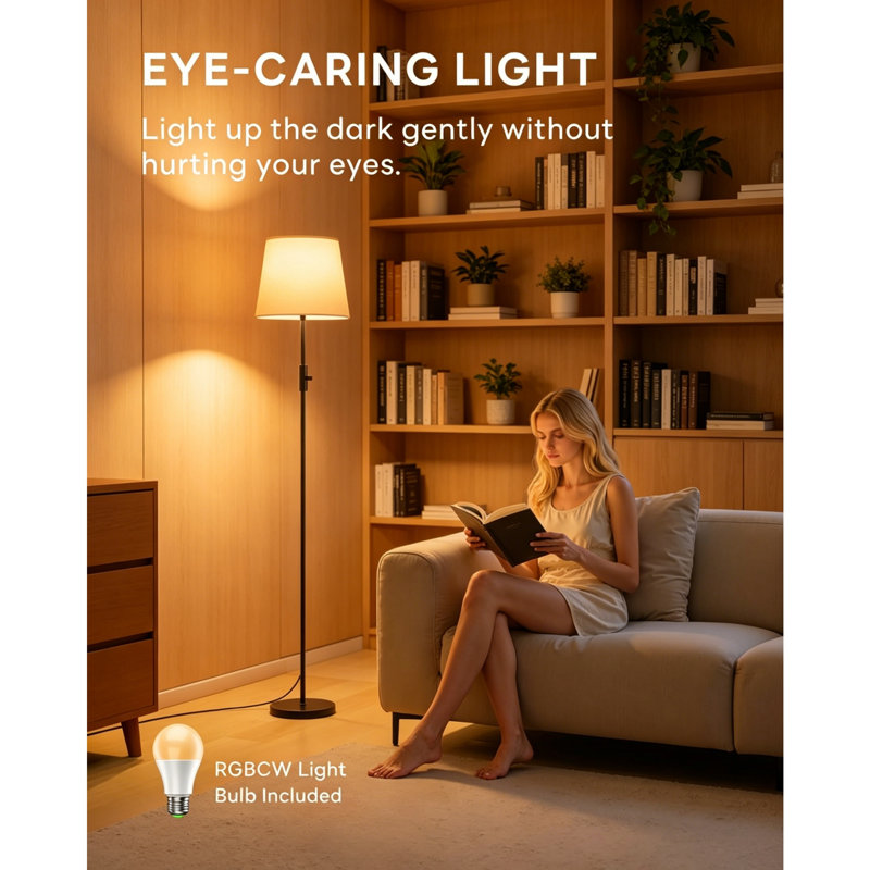 157cm Black LED Floor Lamp with Remote Control, No Blue Light 1600K & 4000K Reading Light, RGB Color Changing, 10W Dimmable Lamp with Linen Shade for Living Room Bedroom Office