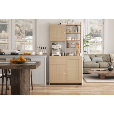 Armoire de cuisine 71 po de hauteur, huche de ferme avec support pour micro-ondes, buffet avec portes et tiroirs en rotin, naturel