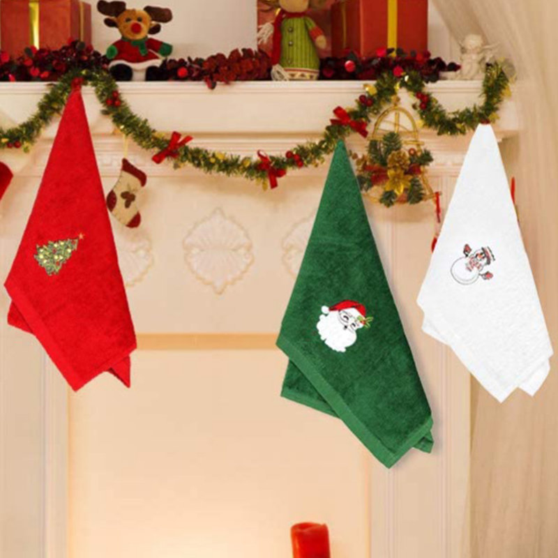 Serviettes de bain brodées en coton 3 pièces, motif de Noël, 17,7 x 12,6 pouces