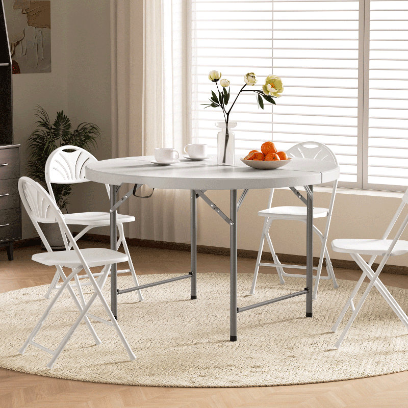 48" Plastic Round Folding Table, Portable Foldable Party Banquet Table for Camping Dining Outdoor Picnic, White/Gray