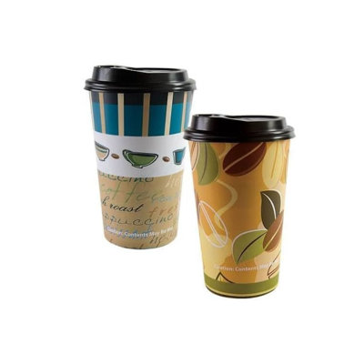  16 Oz Paper Cups With Lids Featuring Cafe Design – Disposable Paper Cups For Coffee, Tea, Hot Or Cold Drinks - Ideal For Parties, Events, Catering And Everyday Use (96)