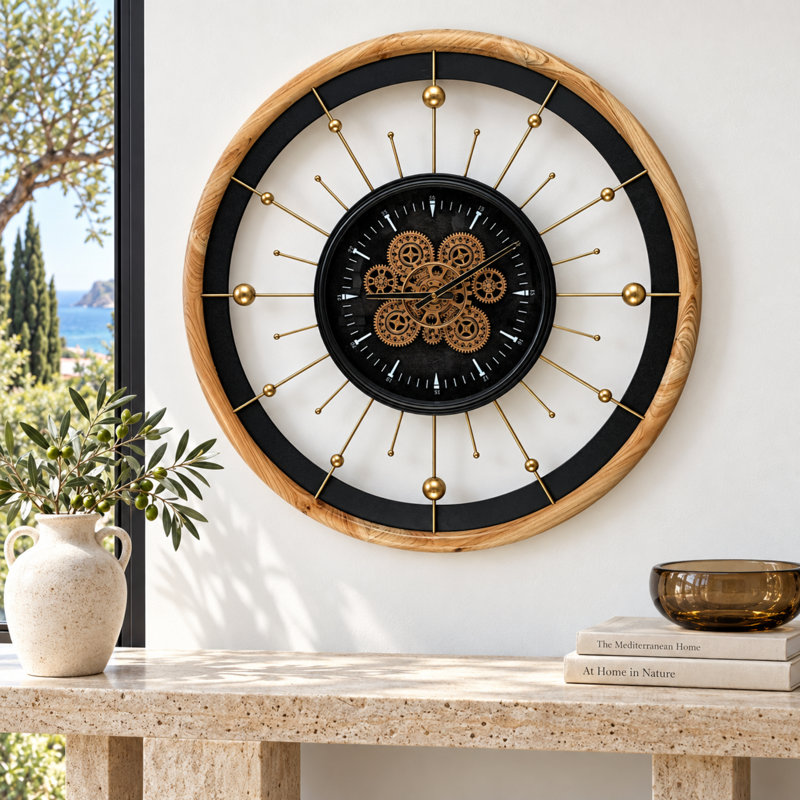 THE GEARS CLOCK Wall Clock with Real Moving Gears SP-LI_ 32 in Round BLACK-WOOD
