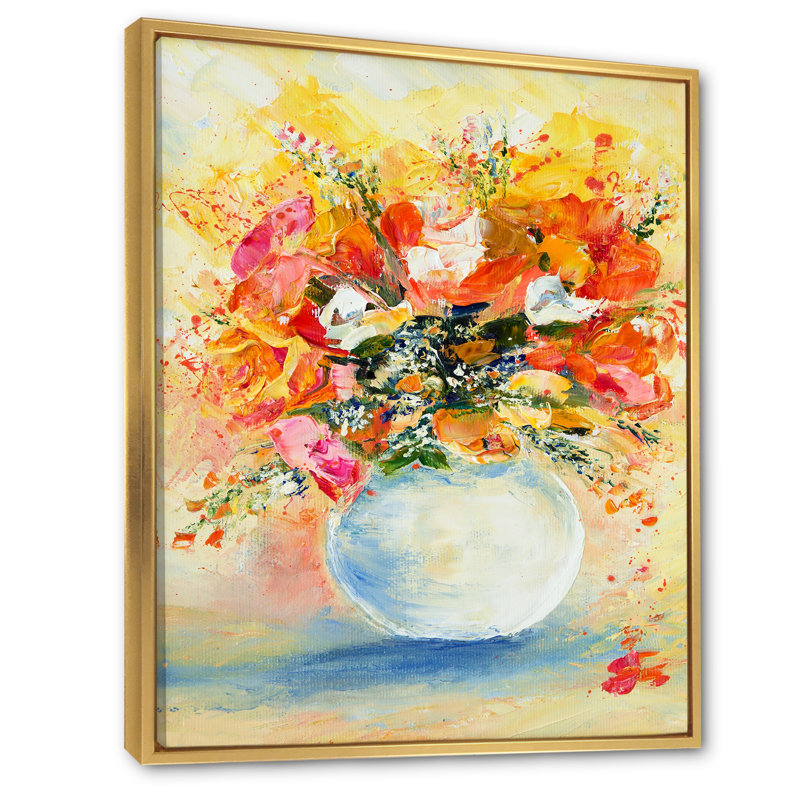Bouquet de fleurs orange et jaune - décoration murale en toile de ferme, H 20 po x l 12 po x P 1 po, Cadre flottant doré