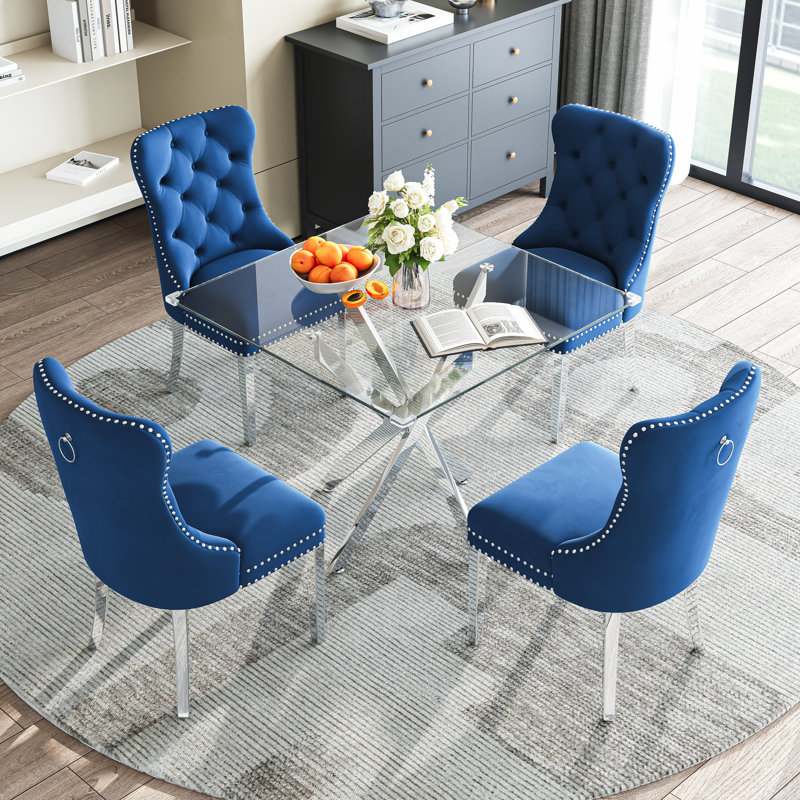 Modern Square Glass Dining Table Set For 4, 36" Tempered Glass Top With Velvet Tufted Nailhead Trim Chairs, Clear/Blue/Silver