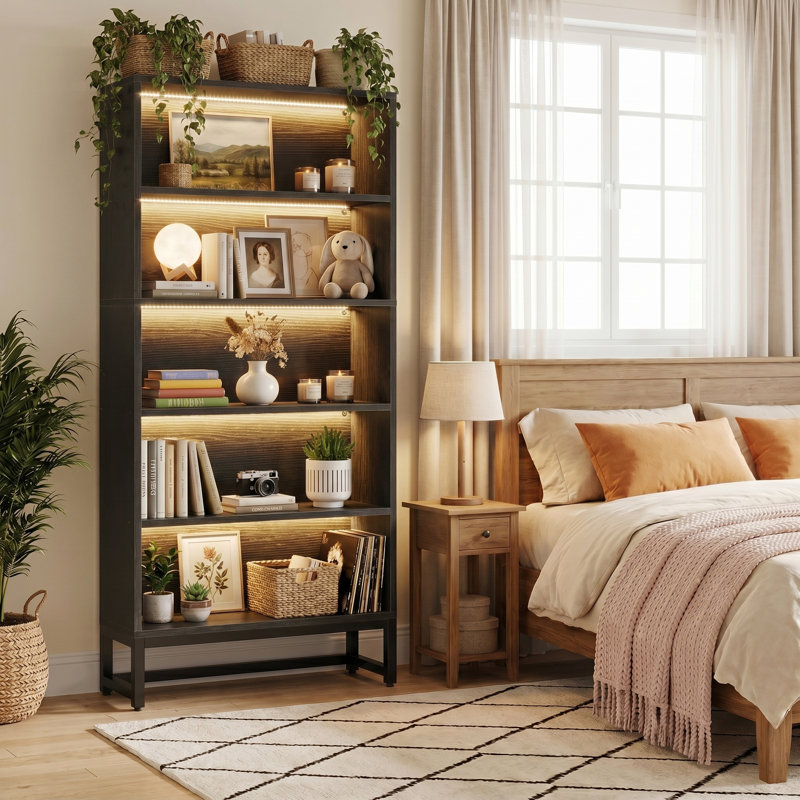 Bibliothèque de 70,47 po de hauteur avec 5 tablettes de rangement à 5 niveaux, grande bibliothèque avec lumières DEL pour le salon et la chambre à coucher