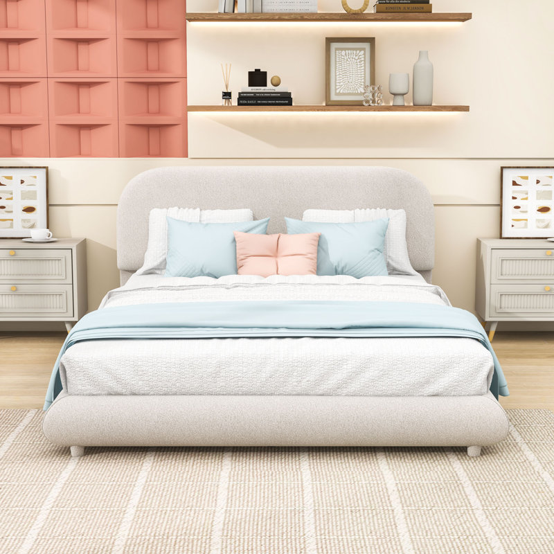Lit plateforme tapissier Teddy, Beige, Grand lit