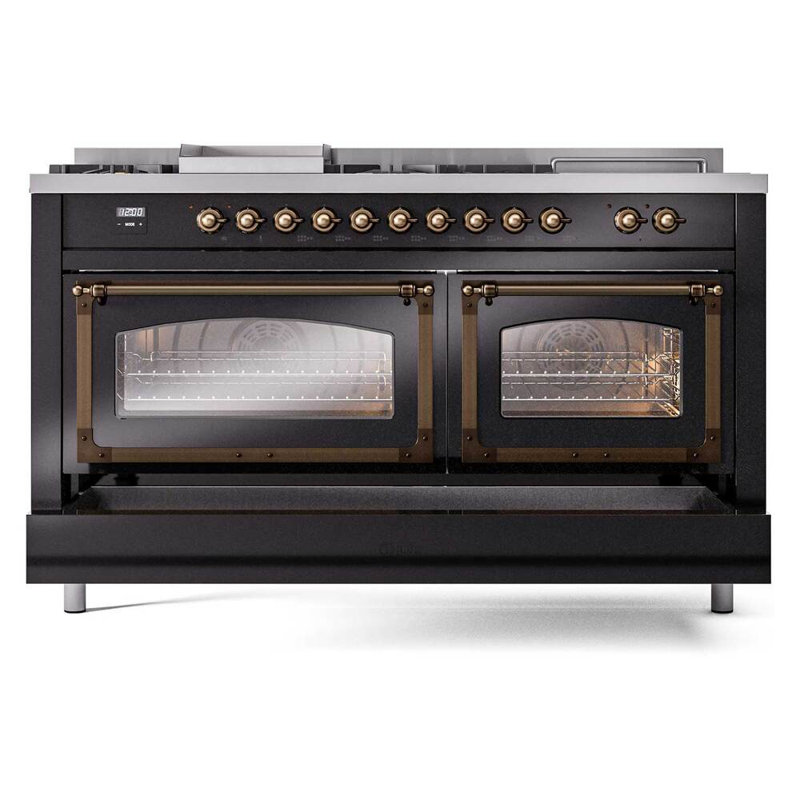 ILVE Nostalgie II Noblesse 60 in Dual Fuel Range 7 Burner, Griddle, Frenchtop, Glossy Black/Burnished, Natural Gas