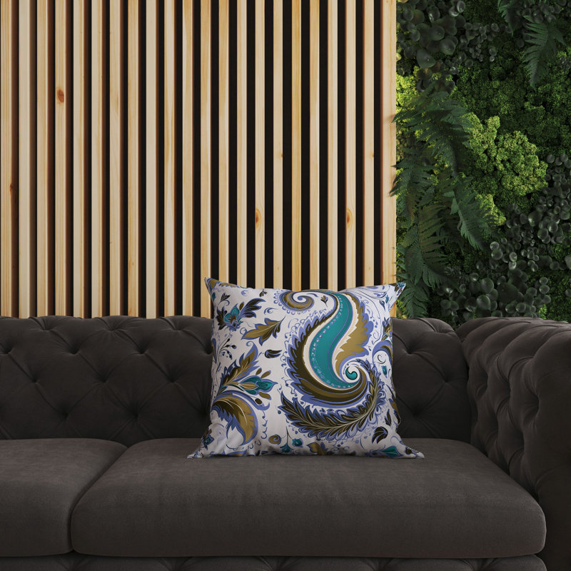 Blue and Olive Paisley Faux Suede Square Throw Pillow