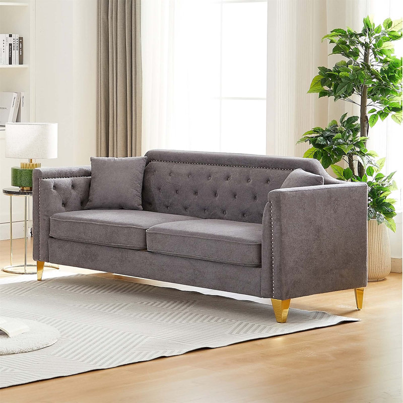 " mid-century modern chenille sofa | tufted buttons & copper nail armrest | 2 pillows | metal legs | stylish living room couch