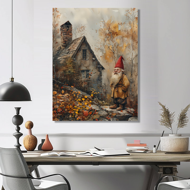 Gris, rouge, automne, jardin, gnome - impression d'art mural gnome, Toile tendue, H 12 po x l 20 po