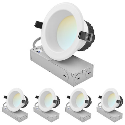 Luxrite 4 Inch Commercial LED Recessed Light J-Box 5CCT 2700K-5000K 12/16/20W Dimmable CRI90 1200/1600/2000 Lumens 120-277V Wet Rated IC Rated 4 Pack