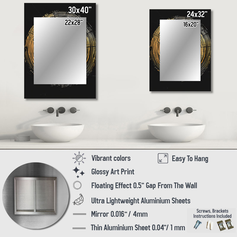 Black Gold Abstract Of Tree Ring I - Wood Slide Decorative Mirror, Traditional Large Wall Mirror, Printed Metal Art