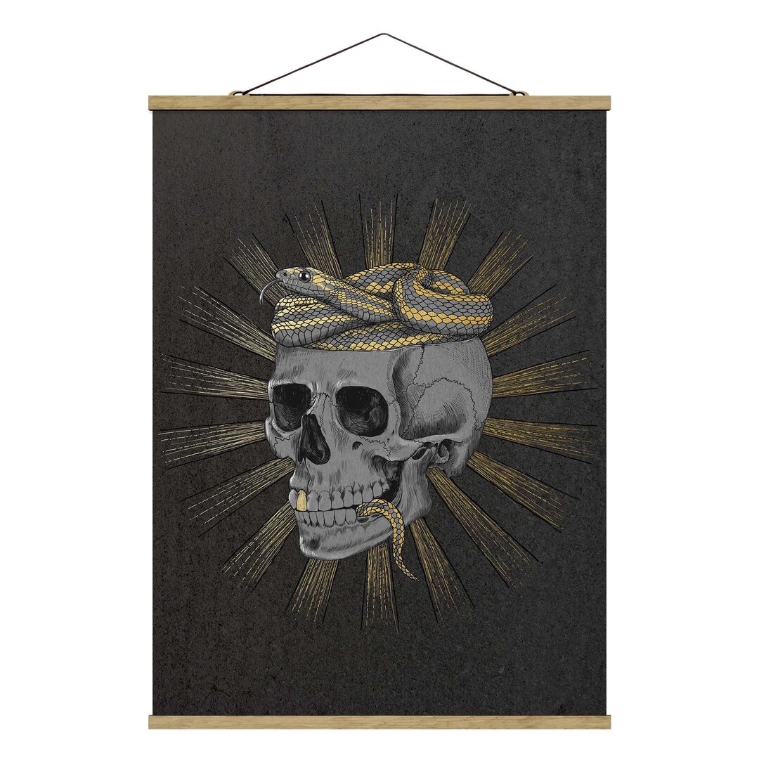 Stoffbild Mit Posterleisten - Laura Graves - Illustration Totenkopf Und Schlange Schwarz Gold - Hochformat 4:3