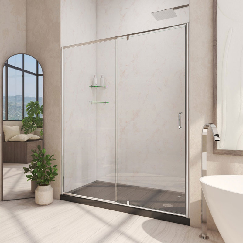 Flex 60" W x 30" D x 74.75" H Semi-Frameless Rectangle Pivot Shower Enclosure with Base Included, Chrome/Black, Right