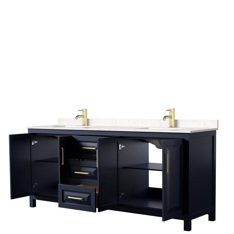 Daria 80'' W Double Vanity, Brushed Gold, Dark Blue, Carrara Cultured Marble