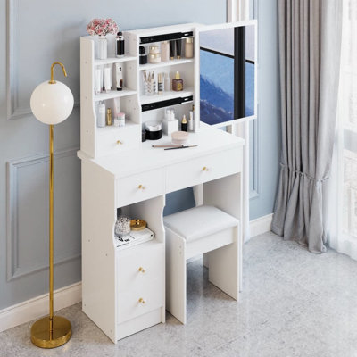 Ensemble de petite coiffeuse 29,2 po avec tabouret rembourré | Tiroir gauche et très grand miroir coulissant | Commode de rangement multicouches pour petites chambres, appartements ou espaces compacts | Blanc