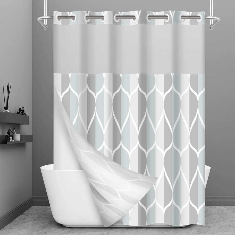 No Hook Grey Shower Curtain With Snap In Fabric Liner Set Hotel Style With See Through Mesh Top Window Modern Geometric Waterdrop Design Waterproof And Washable, 71X74 INCH
