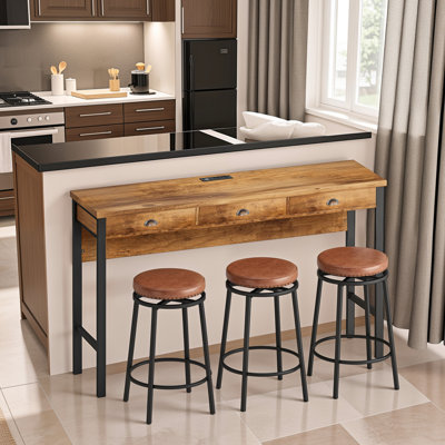 3 longues tables de salle à manger avec prises de courant en brun. Panneaux de structure et structure en métal. Tabourets en polyuréthane Poignées en forme de coquillage pour le rangement. Pivotant pour mieux manger. Facile à installer - brun 3