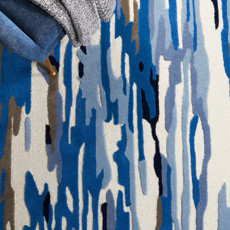 Tapis bleu / ivoire en laine / coton touffeté à la main Rodeo Drive, Rectangle 4pi x 6 pi
