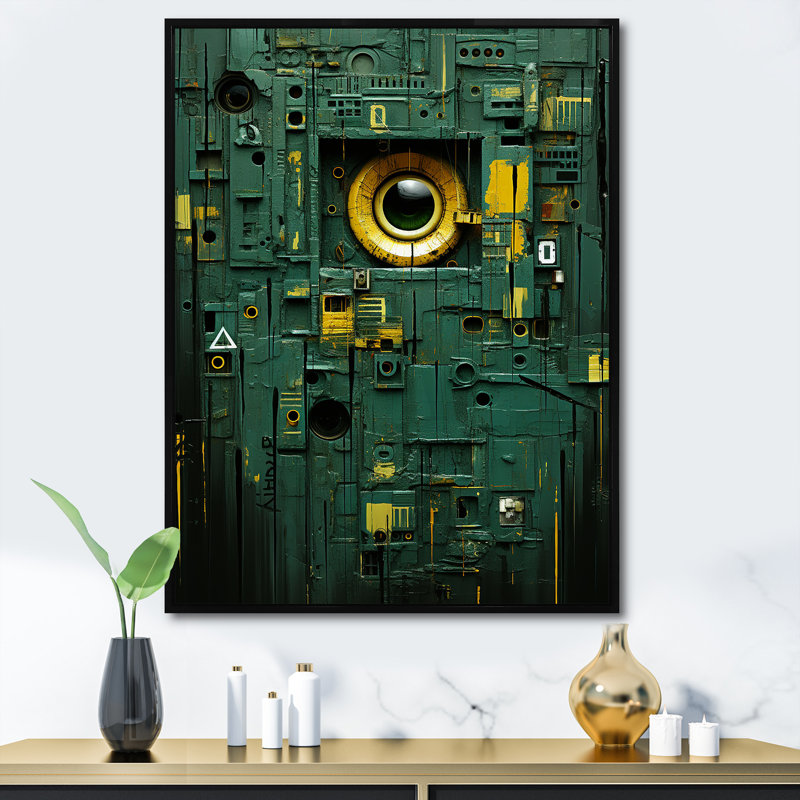 Masque de formes maya vertes abstraites IV - Art mural abstrait, Cadre flottant noir, H 32 po x l 16 po x P 1 po