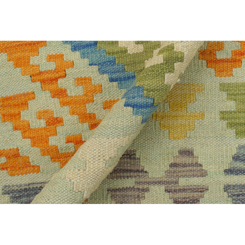 Tapis géométrique bleu orange en laine fabriqué à la main de 5 pi 1 po x 6 pi 4 po Kemorah