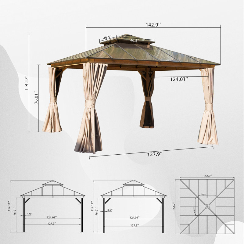 Aluminum Patio Gazebo Permanent Double Polycarbonate Roof Canopy, 12 ft x 12 ft, Brown