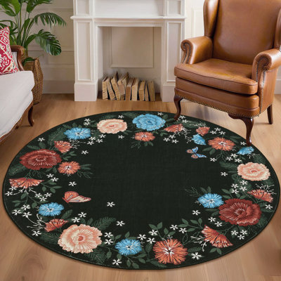 Petit tapis rond à motif floral festonné à motif floral festonné de 4 pi de couleur noir avec envers antidérapant, tapis botanique mince et doux, tapis pliant à poils courts, tapis décoratif