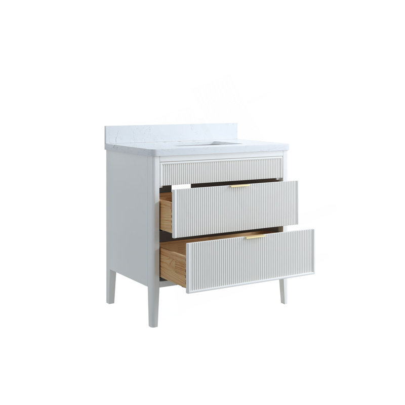 Ensemble de meuble-lavabo autoportant blanc 36 po avec 2 ensembles de poignées et plateau en marbre d'ingénierie entièrement assemblé