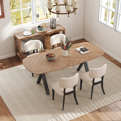 Mid-Century Modern Dining Set 71in Pedestal Dining Set With Wood Grain Pedestal Table And Upholstered Rubberwood Chairs