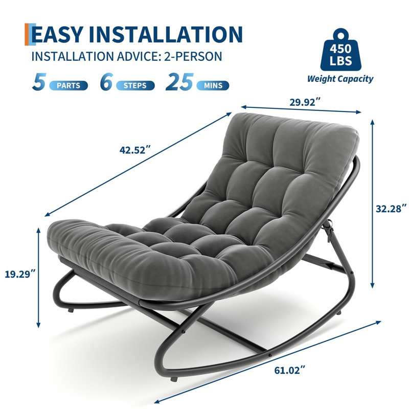 Chaise berçante intérieure / extérieure Papasan, fauteuil à œufs avec coussin amovible, capacité de 450 lb, antirouille pour patio, porche