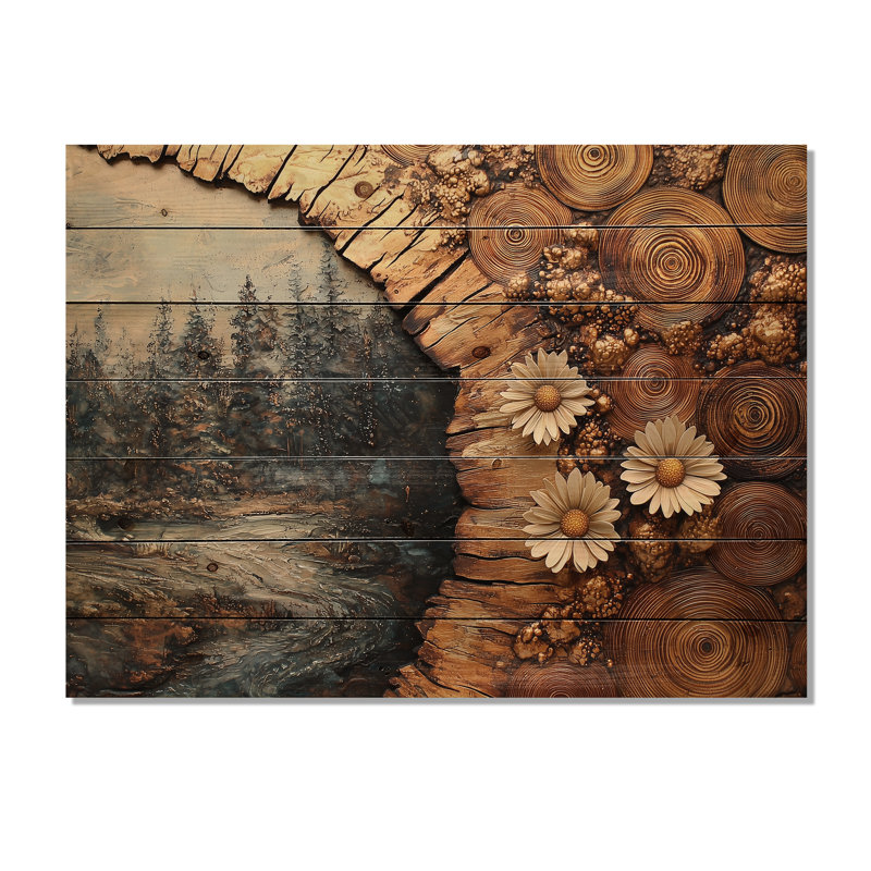 «Daisies Flowers Forest Wooden Landscape II» - Art mural en bois marguerites - sur bois de pin naturel