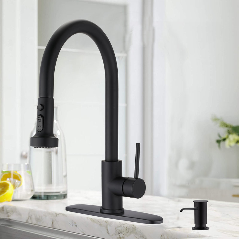 ESHOO Pull Down Kitchen Faucet with and with Soap Dispenser, Matte Black
