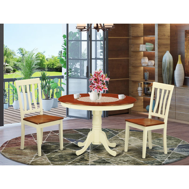 Maffra Rubberwood Solid Wood Dining Set, 3 Pieces: Table, 2 Chairs, Buttermilk & Cherry, Wooden