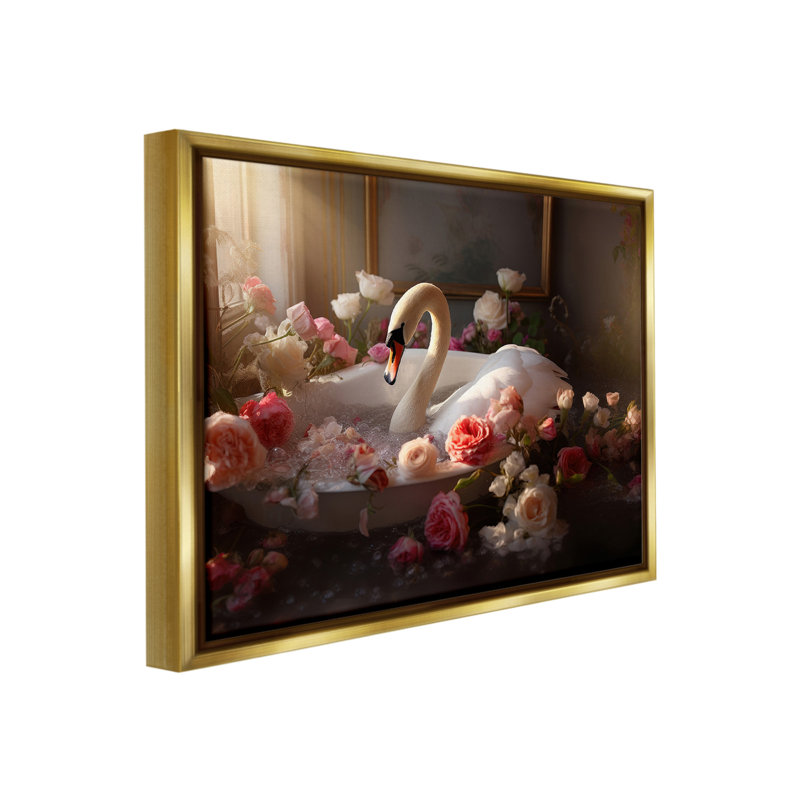 " Swan & Bathroom Roses " by Lazar Studio, Metallic Gold Floater Frame, 25" H x 31" W