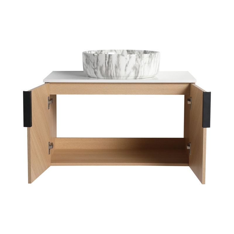 Meuble-lavabo mural simple 30 po avec comptoir en céramique, Blanc / marbre gris
