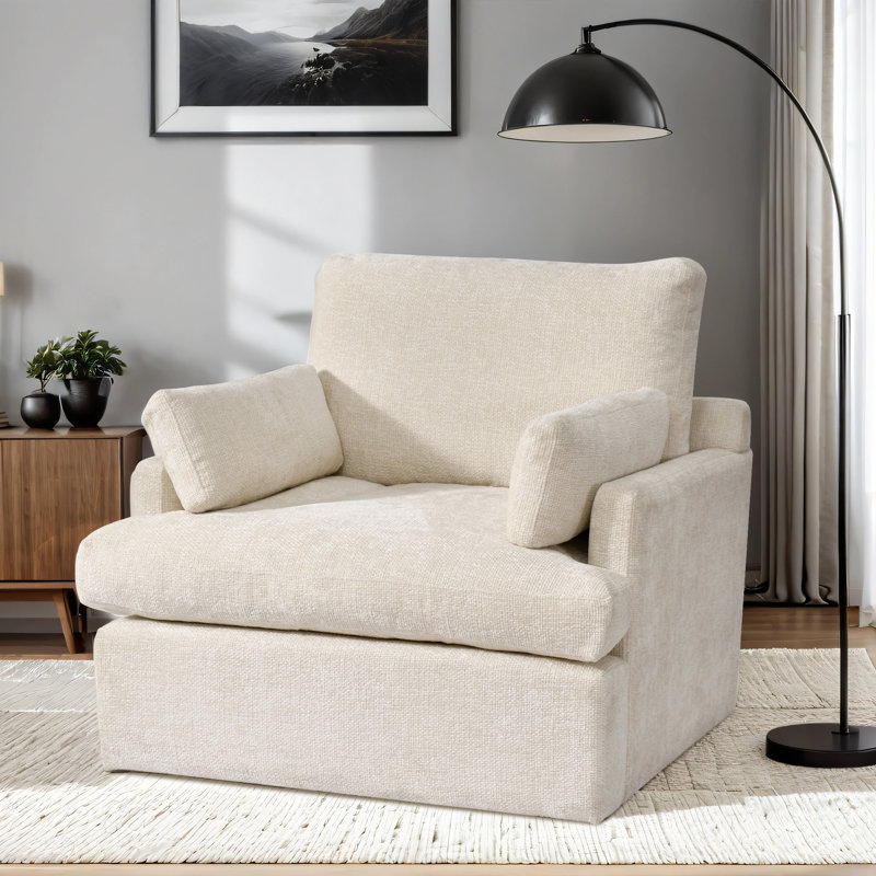 Jaquez 41.5" Wide Transitional Modern Chenille Down Fill Cushions Chair And A Half Armchairs, Beige Chenille
