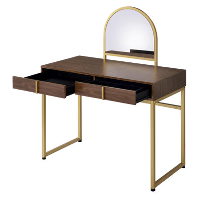 2 - Drawer Vanity Desk With Included Mirror And Jewelry Tray, Walnut Gold Color, Modern Organized Dressing Setup Drawers Finish Frame, Ideal For A Contemporary Space