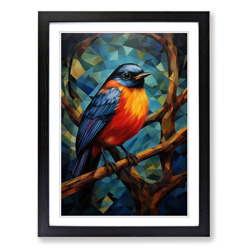 Robin Bird Orphism - Single Picture Frame Print on Wood, Black Framed, 46cm H x 34cm W x 2cm D