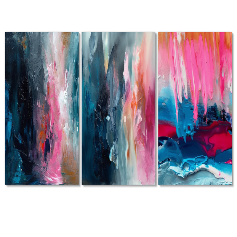 Oasis en bleu et rose II - ensemble de 3 impressions sur toile abstraites, H 28 po x l 36 po x P 1 po