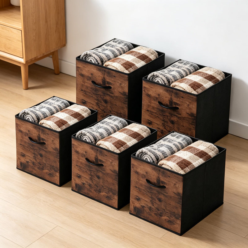 13-Inch Storage Cube Bins, Rust Brown Cubby Organizer Baskets With Handles, Collapsible Storage Bins For Shelves, Closet, And Bookcase, 4-Pack