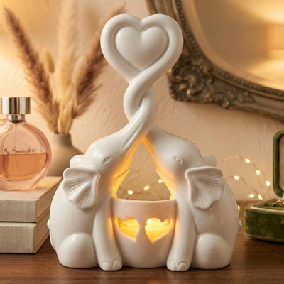 Bougeoir en résine représentant un couple d'éléphants romantiques, bougie chauffe-plat DEL à effet scintillant, cadeau de décoration pour la maison (anniversaire, Saint-Valentin).