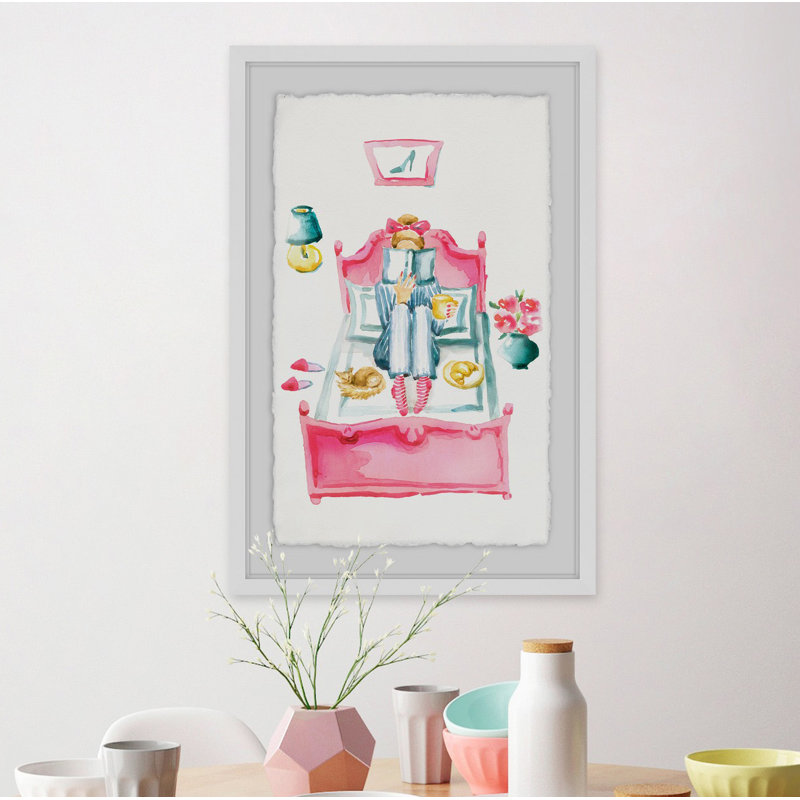 Pink Bed Reading 1 Piece Single Picture Frame Painting, 91 cm H x 61 cm W, White Framed
