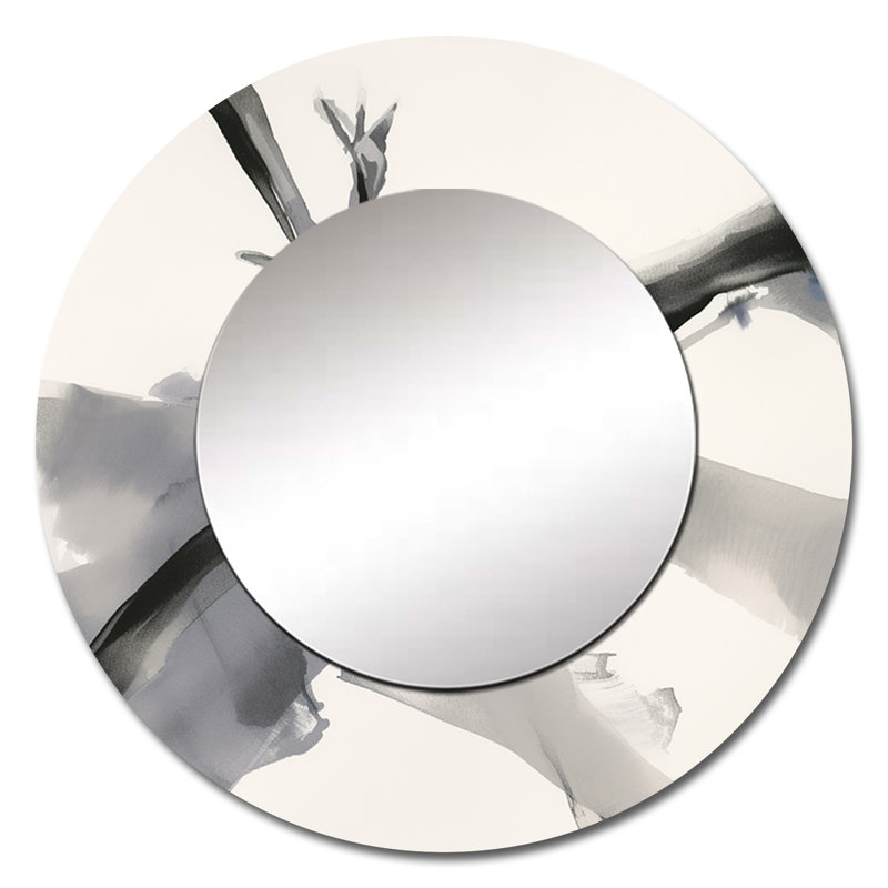Abstrait neutre III - grand miroir rond à formes abstraites, 23 po x 23 po