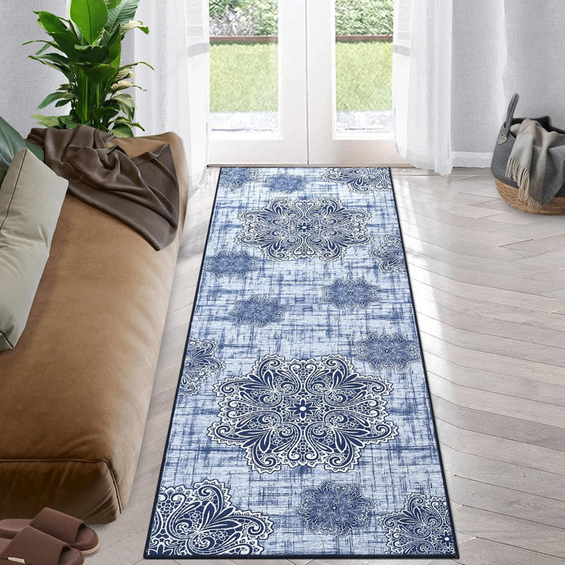 2x6 Vintage Washable Runner Rug – Non-Slip, Low Pile, Retro Indoor Carpet for Kitchen, Entryway, Laundry, Beige-Grey