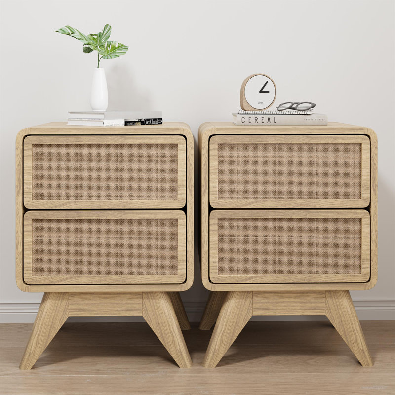 Natural Wood and Linen 2-Drawer Nightstand Set with Tapered Legs